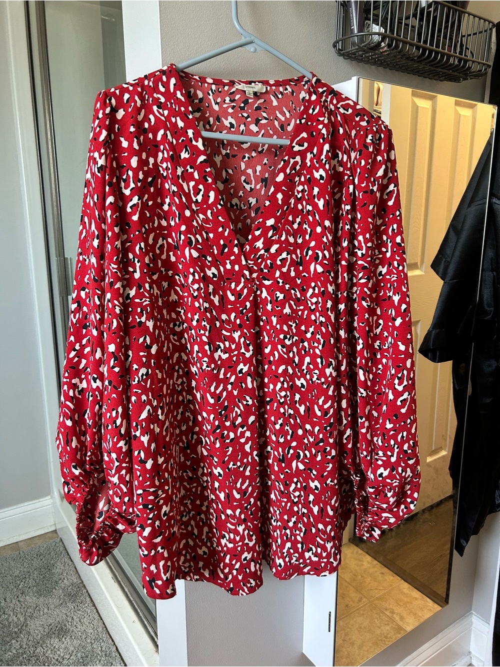 JODIFL Red Printed V-Neck Blouse with Black & White Spot Pattern